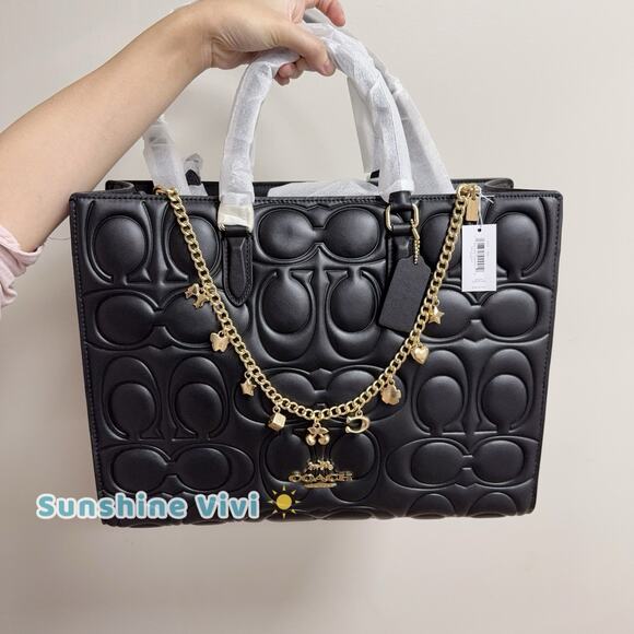 NWT Bundle Coach Large Maggie Tote Bag CY672 Black & CCE78 Long Chain Charm Gold - Picture 2 of 10